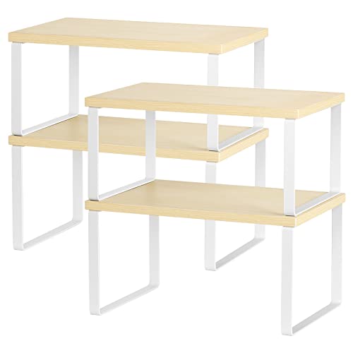 CADUKE Counter Shelves Set of 4 Stackable Kitchen Cabinet Organizer, White | Expandable Wood Countertop Shelves, For Bathroom, Study Room - color: White