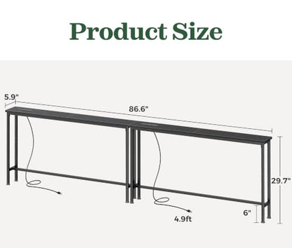 SUPERJARE 86.6 inch Narrow Console Table with Outlet, Sofa Tables, Behind Couch Table, Long Entryway Tables with Charging Station, for Living Room, Black - color: Black, size: 5.9''D x 86.6''W x 29.7''H