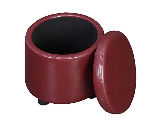 Convenience Concepts Designs4Comfort Round Accent Storage Ottoman in Burgundy Red Faux Leather Finish - color: Burgundy Faux Leather