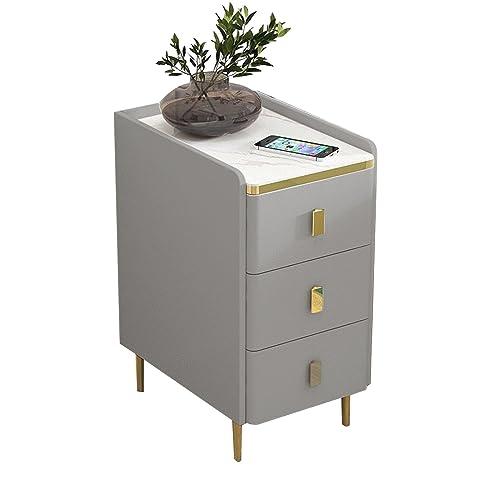 Minimalist Nightstand with Drawer, Mid-Century Modern Slim Bedside Table, Tall End Table with Metal Legs for Small Spaces - color: Light Gray, size: 30x40x60cm