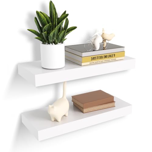 Habudda Floating Shelves, Natural Wall Shelf, White Wooden Rustic Decor for Bathroom Kitchen Bedroom, 17 Inches Hanging Mounted Invisible Bracket, 2 Set - color: White, size: 17"×6.7"×1.6"