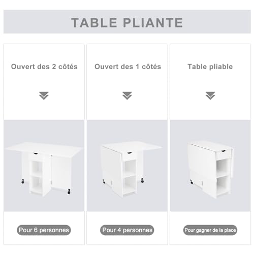 Mondeer Folding Dining Table with Drawer and Shelves, White | Drop Leaf Kitchen Table with 1 Drawer and 2 Storage Shelves in Modern Style for Small Spaces and Seats 4-6 People. - color: White