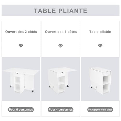 Mondeer Folding Dining Table with Drawer and Shelves, White | Drop Leaf Kitchen Table with 1 Drawer and 2 Storage Shelves in Modern Style for Small Spaces and Seats 4-6 People. - color: White