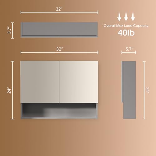 Bathroom Cabinet with Mirror, Wall Cabinet with 2 Mirrored Doors, Adjustable Shelf, Open Compartment, Wall-Mounted, 24x32 Inches, Grey (Assembly Required) - color: Grey, size: W32 x H24 - 2 Door