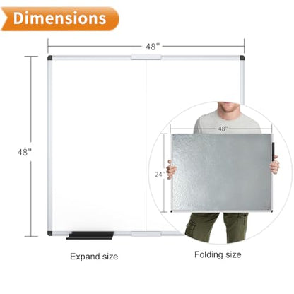 VIZ-PRO Large Magnetic Dry Erase Whiteboard, 48 x 48 Inches, Foldable | Silver Aluminum Frame, 4' x 4' Wall-Mounted White Board with Marker Tray for School Office and Home - size: 48"W x 48"H