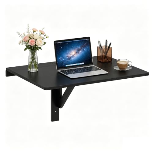 KOTEK Wall Mounted Folding Table, Floating Desk for Wall (Black) | Spacious Surface, Space-Saving , for Home Office, Bedroom, Laundry Room, Balcony & Small Spaces, Easy Assembly - color: Black