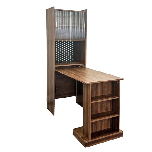 Fold Out Desk Folding Writing Table with Bookcase, Desk Cabinet Convertible Table with Open Shelves for Office Study Room or Small Space, Brown - color: Brwon