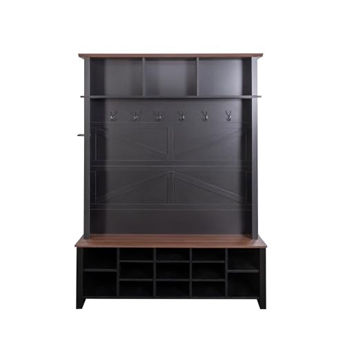 JIVOIT Farmhouse Retro Style Hall Tree, Multi-functional 4-in-1 Design Hall Tree, Practical Walnut Entryway Bench with Adjustable Shelves, Shoe Organizer with 16 Open Compartments for Entryway - color: Black/07