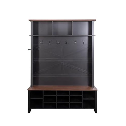 JIVOIT Farmhouse Retro Style Hall Tree, Multi-functional 4-in-1 Design Hall Tree, Practical Walnut Entryway Bench with Adjustable Shelves, Shoe Organizer with 16 Open Compartments for Entryway - color: Black/07