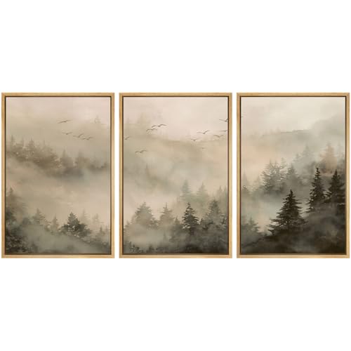 SIGNWIN Framed Canvas Print Wall Art Set Misty Pine Forest Landscape Neutral Woodland Illustrations Modern Scenic Colorful Ultra for Living Room, Bedroom, Office - 16"x24"x3 Natural - color: A26-2603-irs22, size: 16"x24"x3 Panels Natural