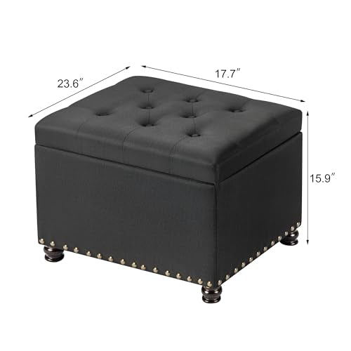 24" Storage Ottoman, Fabric Ottoman Foot Rest Stool with Hinged Lid, Tufted Rectangle Upholstered Footstool, Load Up to 350 lb, for Living Room, Bedroom, Dorm, Black - color: Fabric Black