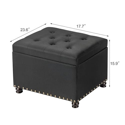 24" Storage Ottoman, Fabric Ottoman Foot Rest Stool with Hinged Lid, Tufted Rectangle Upholstered Footstool, Load Up to 350 lb, for Living Room, Bedroom, Dorm, Black - color: Fabric Black