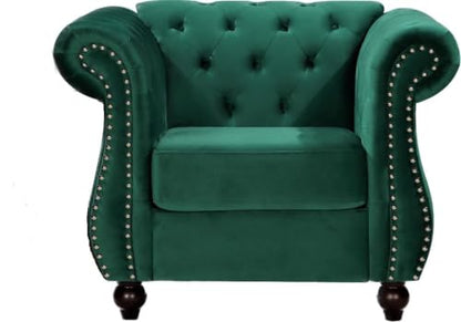 GDFStudio 82.6" Velvet Sofa Set, Modern Living Room Couch Set, Upholstered Sofa Loveseat Chair Set, Chesterfield with Button Tufted Back Rolled Arms Wood Tapered Feet for Apartment Living Room, Green - color: Green, size: 3+2+1 Seat