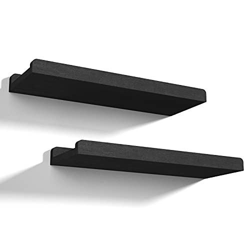 Love-KANKEI 17" Black Floating Wall Shelves with Lip,Solid Wood,Set of 2 | Protective Ledge,18 Lbs/shelf,Easy to Install,For Bedroom Living Room Bathroom Kitchen Office,Nursery Display,Wall Decor - color: Black, size: 17 inch