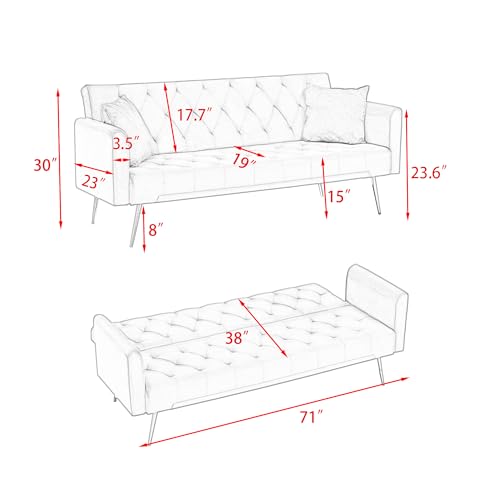 72"Modern Velvet Sofa Bed Futon,Convertible Folding Sleeper Bed Couches with 3 Adjustable Backrests,Tufted Recliner Love Seat with Golden Chrome Legs for Living Room Apartment Office (Green+pillows) - color: Green+pillows
