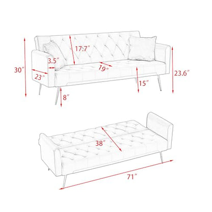 72"Modern Velvet Sofa Bed Futon,Convertible Folding Sleeper Bed Couches with 3 Adjustable Backrests,Tufted Recliner Love Seat with Golden Chrome Legs for Living Room Apartment Office (Green+pillows) - color: Green+pillows