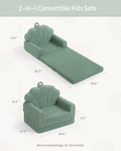 Blissful Diary Kids Couch, 2-in-1 Soft Kids Sofa, Kids Sofa Chair, Comfy Kids Furniture for Playroom, Reading & Play, Shell Green - color: Shell Green