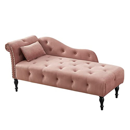 60" Modern Velvet Chaise Lounge Indoor,Upholstered Lounge Chair with Left Armrest and Lumbar Pillow, Button Tufted Lounge Sofa for Living Room Bedroom Office,Mini Chaise Longue Sofa (Pink) - color: Pink