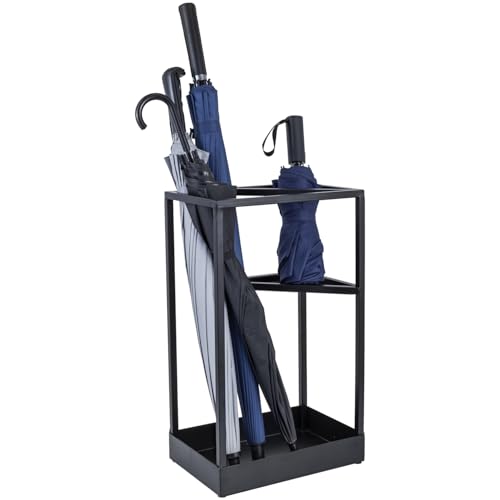 MyGift 20 Inch Tall Modern Brass Tone Metal Geometric Freestanding Entryway Umbrella Rack or Cane Holder with Shelf for Small Umbrellas and Bottom Drip Tray (Black-Large) - color: Black, size: 11.8″(Rectangle)