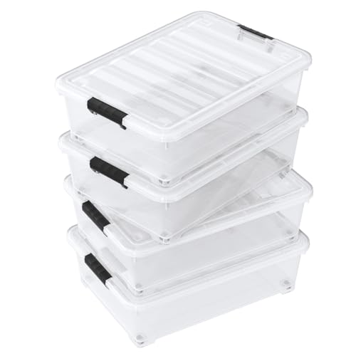 25 Quart Flat Clear Underbed Storage Bins with Wheels, 4-Pack | Stackable Plastic Under Bed Latching Organization Box - size: 25 Quart