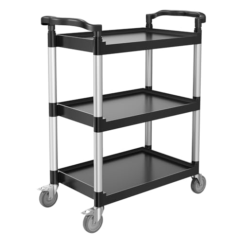 VEVOR Utility Cart, 300 lbs Load Capacity, 3-Tier Utility Plastic Cart with 360° Swivel Wheels (2 with Brakes), 24.4 x 16.1-inch Food Service Cart for Warehouse, Office, Home, Restaurant, Kitchen | Utility Cart Equipped with Brake Casters, Multi-Purpose S