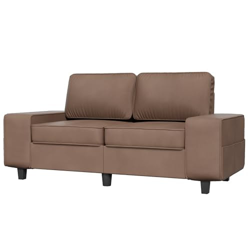 71" Small Loveseat Couch, 2 Seater Leathaire Sofa with 4 Side Pockets, Removable and Washable Cushions, Living Room，Apartment, Office (Coffee) - color: Coffee Leathaire, size: 71 "