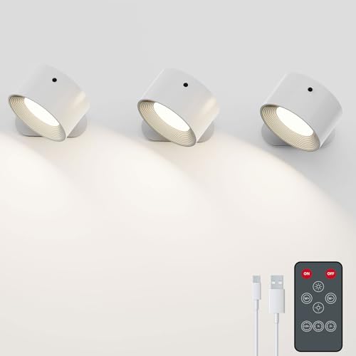 Deyagoo 3PACK LED Wall Sconce, Rechargeable Wall Light with Remote-White | 3 Colors, Dimmable, Magnetic Rotating Head, 360 Degree Rotate - color: White-D