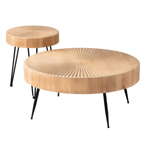 COZAYH 2-Piece Nesting Coffee Table - Round Table - Modern Farmhouse | Solid Pine Veneer Top, Black Metal Legs, Radial Wood Grain, Large 31.5 x 31.5 x 14.2 in, Small 15.7 x 15.7 x 18.4 in - color: Radial Pattern