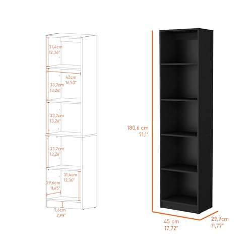 Slim Bookcase 15.35 Inch Width: Modern 5-Shelf Storage Unit for Small Spaces - Vertical Design Black Wood-Based Material for Apartments & Home Office Organization