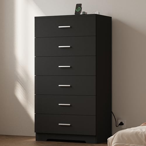 48" Tall Dresser for Bedroom Chest of Drawers with Power Outlets Wood 6 Drawers Dresser with Large Storage Space and Metal Handles Modern Closet Storage Drawer for Living Room Hallway Black - color: Black