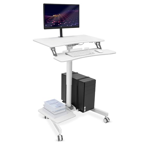Mount-It! Mobile Computer Cart, Height-Adjustable Rolling Workstation with 28" Desktop, Keyboard Tray, Storage Shelves & Locking Wheels, Mobile Computer Stand for Office, Classroom, or Home