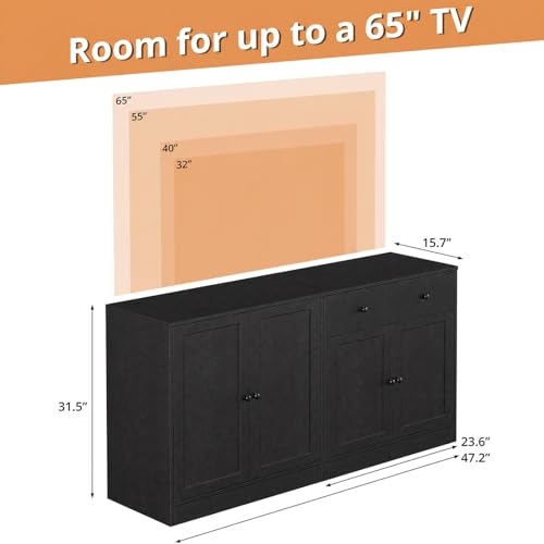 TUSY 71" TV Stand Storage Set - 2 Tall Bookcases & 2 Side Cabinets, Media Console with Glass & Wood Doors, Entertainment Center with Drawers, Tall Media Console for Living Room (Black, AFFA) - color: Black