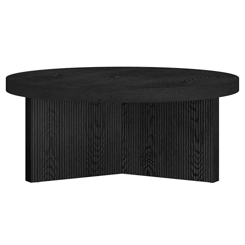 Henn&Hart 36" Scandinavian Fluted Coffee Table, Natural Black | Ribbed pedestal base and low profile bring Scandinavian style to small spaces including living rooms or family rooms - color: Natural Black, size: 36 inches