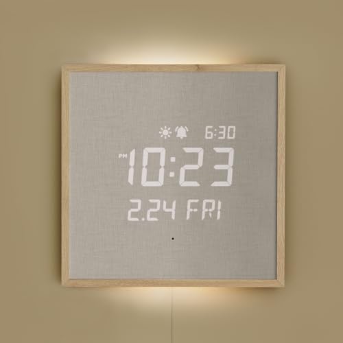 mooas Wooden Frame LED Silent Wall Clock (Wooden Frame Light Brown) | Remote Control, Backlit Nightlight, Modern Digital LED Wall Clock Sunrise Alarm Melody 5 Brightness for Bedroom Living Room - color: Wooden Frame Light Brown