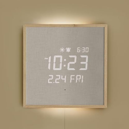 mooas Wooden Frame LED Silent Wall Clock (Wooden Frame Light Brown) | Remote Control, Backlit Nightlight, Modern Digital LED Wall Clock Sunrise Alarm Melody 5 Brightness for Bedroom Living Room - color: Wooden Frame Light Brown