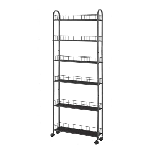 6 Tier Slim Rolling Storage Cart, Mobile Shelving Unit with Wheels, Metal Wire Storage Shelving Rack with Baskets for Bathroom Kitchen Office Laundry Narrow Piaces（ 6" D）