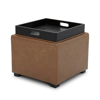 CHITA Storage Ottoman Cube with Tray Lid, Small Footstool with Storage, Square End Table for Living Room and Bedroom, Faux Leather in Saddle Brown - color: Saddle Brown