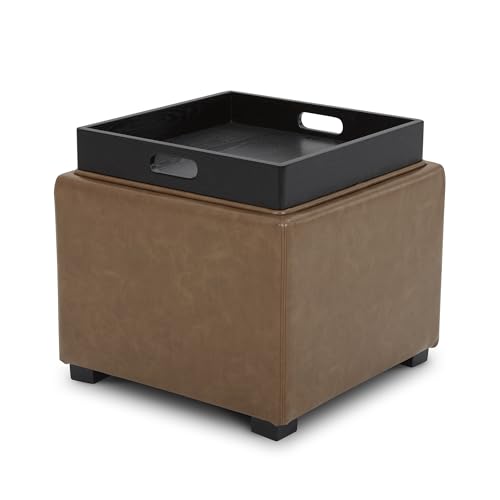 CHITA Storage Ottoman Cube with Tray Lid, Small Footstool with Storage, Square End Table for Living Room and Bedroom, Faux Leather in Saddle Brown - color: Saddle Brown