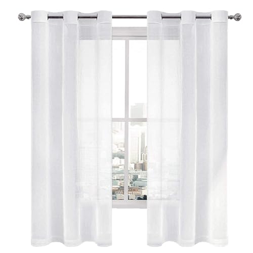 DWCN White Faux Linen Sheer Curtains - Grommet Voile Window Curtain Drapes for Bedroom Living Room 46 x 54 inch Length, Set of 2 - color: White, size: 46"W x 54"L (Pack of 2)
