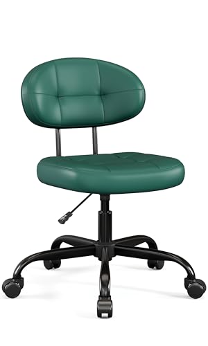 Misolant Vanity Chair with back, Small Armless Cute office Chair with wheels and Lumbar support, Comfy PU Leather Desk Computer Chairs with Adjustable Height, 360°Swivel for Home Bedroom Office, Green - color: Green