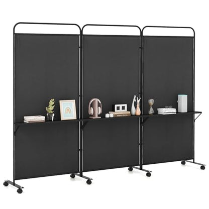 GOFLAME 3 Panel Room Divider with Storage Shelves, 6FT Folding Privacy Screen with Lockable Wheels, Portable Rolling Wall Divider, Freestanding Partition Screen for Room Separation, Black - color: Black