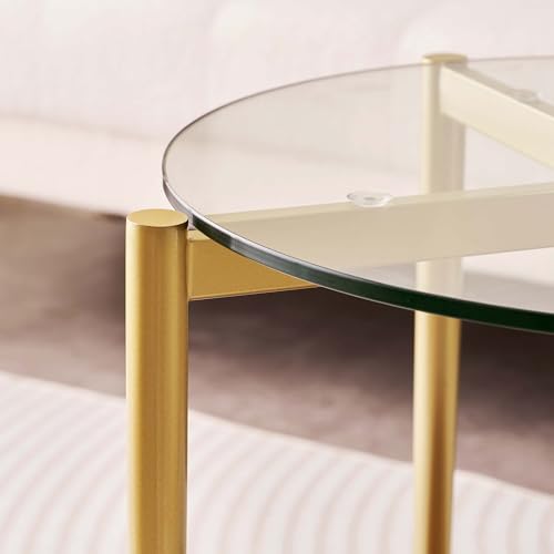 LumFurn D18in Round Glass End Table, Mid-Century Modern Design Side Table for Living Room, D18xH23inch, Clear Glass and Walnut MDF Wood, Conical Legs with Gold Finish Frame - color: D18" Clear & Walnut