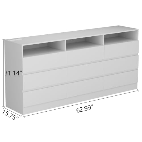 Gyfimoie 63" White 9-Drawer Dresser for Bedroom w/Power Outlet, LED Light | Modern Triple Dresser with 3 Open Cubbies, Spacious Chest of Drawers, and TV Stand - color: White, size: 15.8"D x 63"W x 31.1"H (9 Drawers)
