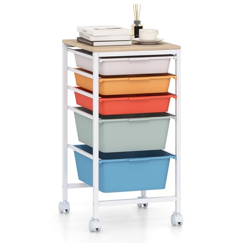 RELAX4LIFE 5-Drawer Rolling Storage Cart - Mobile Art Supply Craft Organizer on Wheels w/Wooden Tabletop & Metal Frame, Utility Storage Cart for Home Living Room Office Classroom (Macaron, 25”H) - color: Macaron, size: 25”H