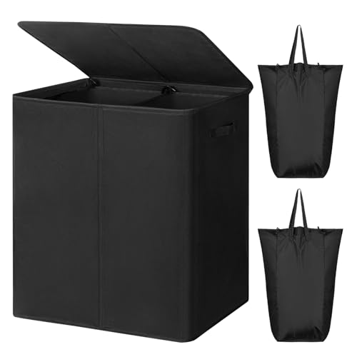 WOWLIVE 180L Double Laundry Hamper 2 Section with Lid and Removable Bags | Divided Laundry Basket, Large Dirty Clothes Hamper with Handle, Collapsible Laundry Storage for Dorm Room, College, Black - color: Black, size: 180L (24.8 x 16.2x 27.6 Inches)