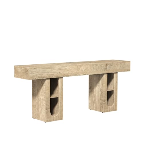 Console Table, Entryway Table, Sofa Table with Outlet, 63 Inch High Density MDF Hallway Table, 5.9 Inch Thick Tabletop, Storage Shelves for Living Room Behind Couch - color: Natural