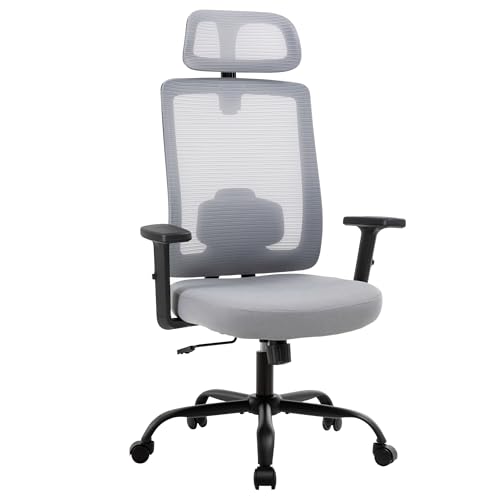 Office Chair with Mesh High Back, Ergonomic Office Desk Chair with Adjustable Lumbar Support, Rolling Work Chairs with Wheels and Headrest, Grey - color: Grey