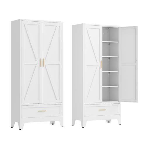 71" Tall Kitchen Pantry Cabinet,Farmhouse Pantry Cabinet,Metal Cabinet with Adjustable Shelves and Drawer,Storage Cabinet for Kitchen Dining Room Garage,White 1 Pack - color: White, size: 15.8"D x 31.5"W x 71"H-C
