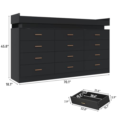jiteentarou 12 Drawer Dresser with Charging Station and LED Lights, Modern Chest of Drawers with Power Outlet, Organizer Cabinet for Bedroom, Living Room, Entryway, Black - color: Black, size: 18.1"D x 70"W x 45.7"H (12 Drawers)