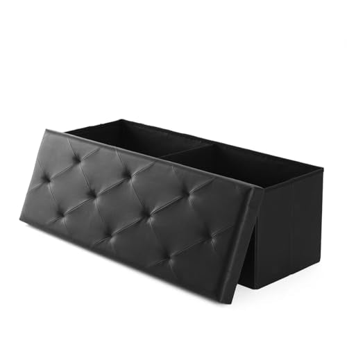 DUMOS 43 Inch Folding Ottoman with Storage Bench, Foot Rest Stool Ottoman | Upholstered End of Bed Storage Bench, Storage Ottoman Loads 660 Lbs for Bedroom, Living Room, Synthetic Leather, Black - color: Black, size: 15.2"D x 43"W x 15.2"H